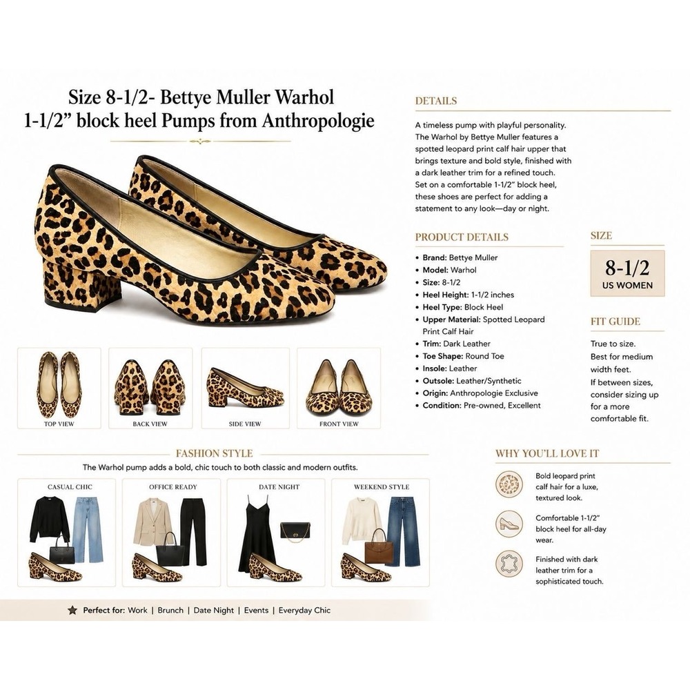 Bettye Muller Women's Leopard Calf Hair Round Toe Slip On Block Heel 8.5 - Picture 3 of 9